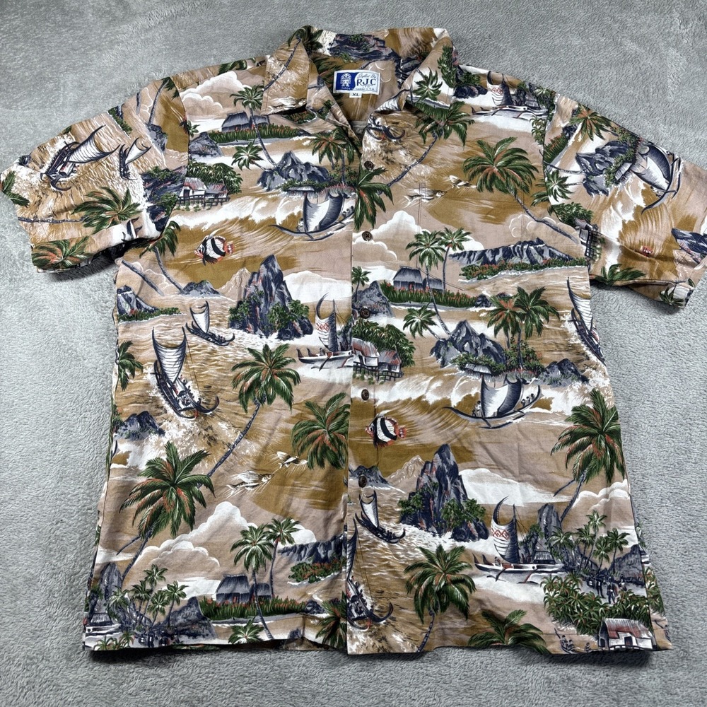 RJC Shirt Tan Hawaiian Scenic Tropical Print Aloha Made In Hawaii Men's Size XL